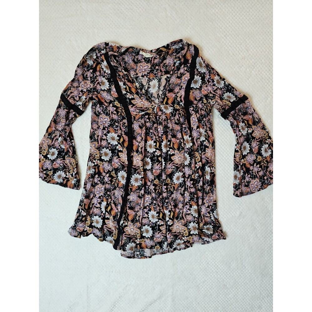 Altar'd State Floral Black Pink Babydoll Flowers Mini Dress Bell‎ Sleeve Size M